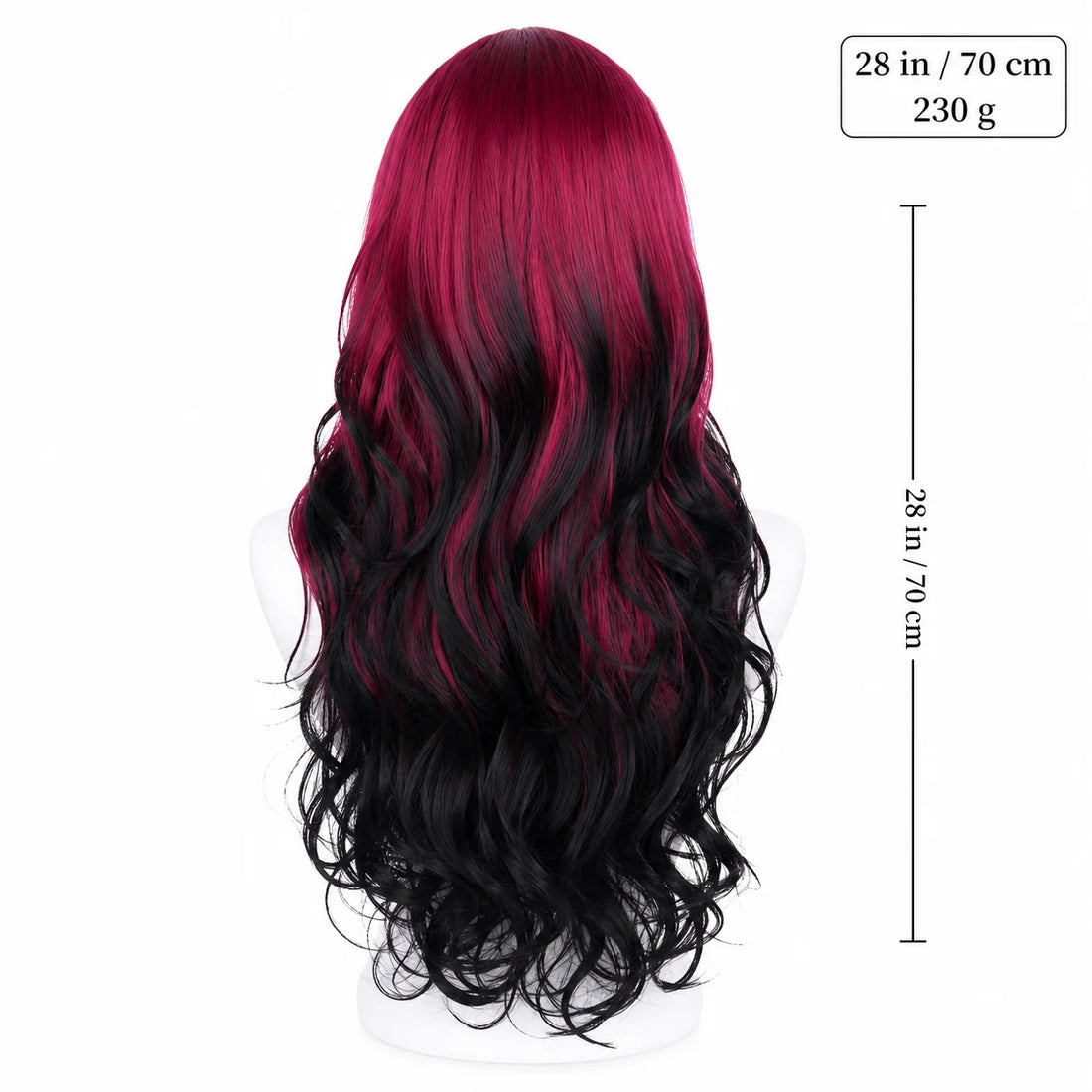 28 Inch Long Wavy Synthetic Wig for Women, Wine Red to Black Gradient, Soft Bangs, Realistic Scalp, Party & Daily Wear