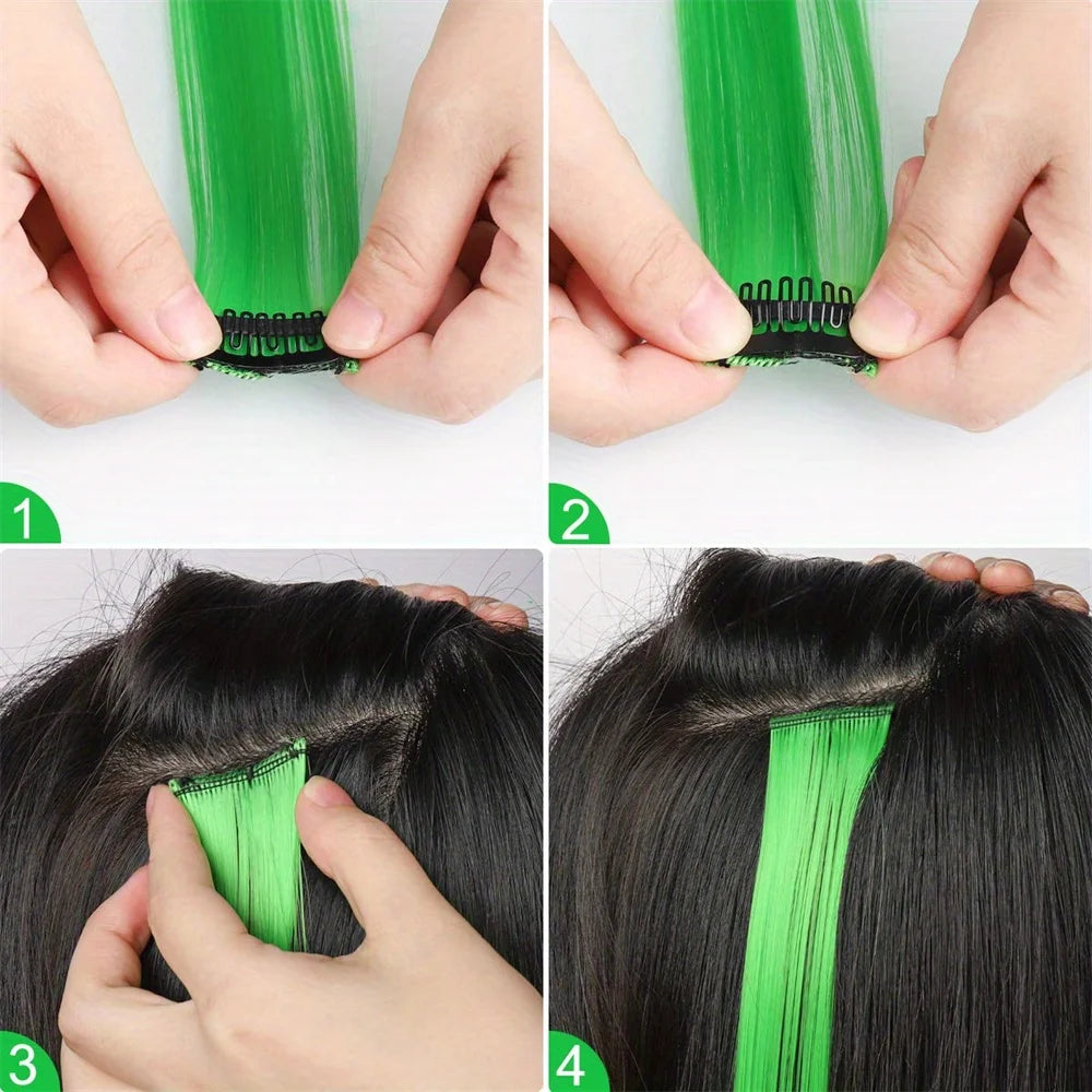 12pcs/pack Rainbow Colored 22 Inch Clip-in Hair Extensions Long Straight Synthetic Hairpieces for Women Girls Party Highlights