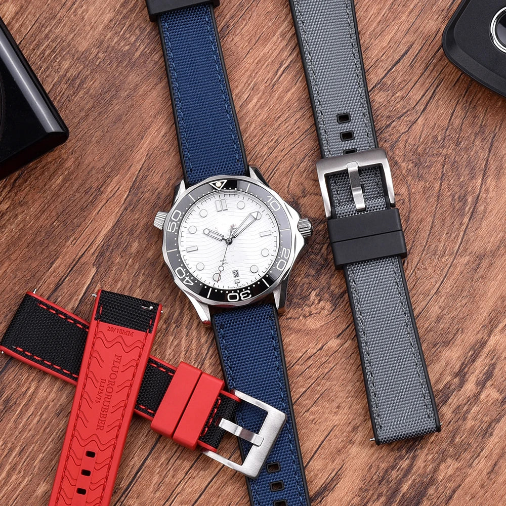 High Quality FKM Canvas Watch Strap 20mm 22mm Hybrid Fluoro Rubber Nylon Watchbands Quick Release For Each Brand Diving Watches