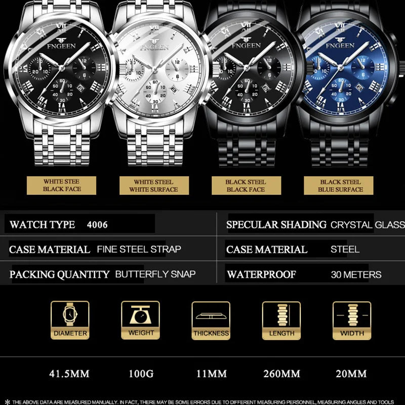 FNGEEN Hot Men Watches Top Brand Luxury Waterproof Date Clock Male Steel Strap Fashion Quartz Watch Sports Wrist Watch Men 4006