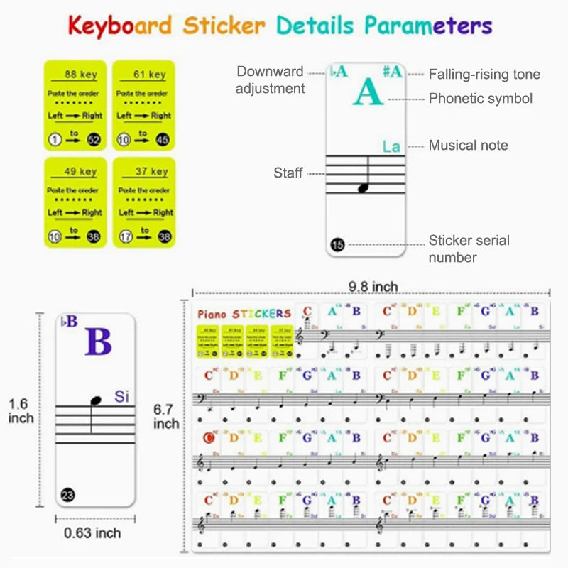 Transparent PVC Piano Keyboard Stickers 54/61/88 Keys Electronic Keyboard Note Name Stave Labels Piano Sticker Accessories