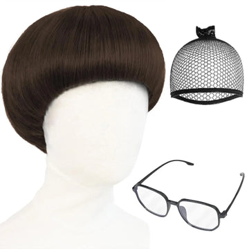 Synthetic Cosplay Wig with Bangs + Glasses Mushroom Wigs Cut Funny Wigs for Men 60s Women Straight Adult for Anime Halloween