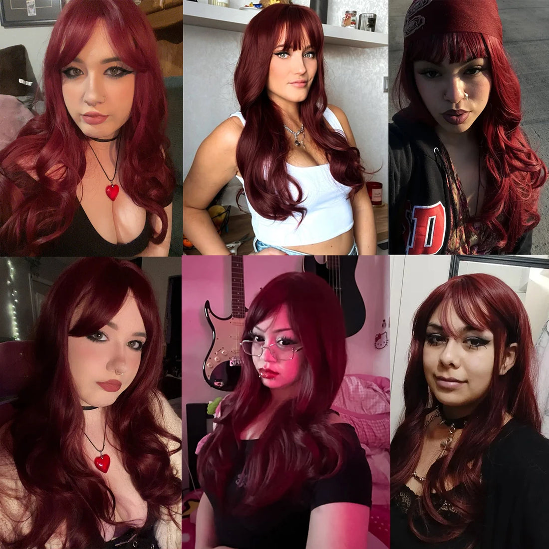 Wine Burgundy Red Long Curly Synthetic Wig with Bangs for Women Daily Party Cosplay Lolita Dark Red Colored Wig Heat Reisitant