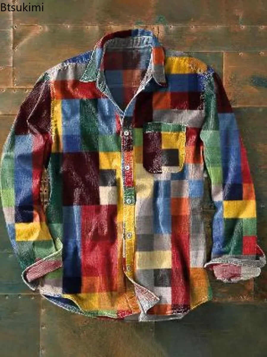 2026 New Men's Vintage Casual Shirts 3D Print Loose Casual Lapel Shirt Jackets Male Streetwear Spring Autumn Long Sleeve Shirts