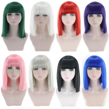 Synthetic Long Straight Wig with Bangs for Women Cosplay Costume Middle Length Colored Hairpiece Party Anime Style