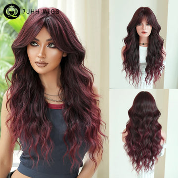 Long Water Wave Wine Red Wig for Women Synthetic Modest Fashion Middle Part Wear and Go Burgundy Wigs with Curtain Bangs
