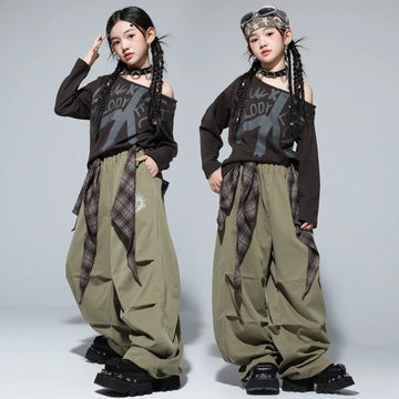 Kid Kpop Hip Hop Clothing Coffee Sloped Shoulder T Shirt Army Green Casual Parachute Pants for Girl Street Dance Costume Clothes