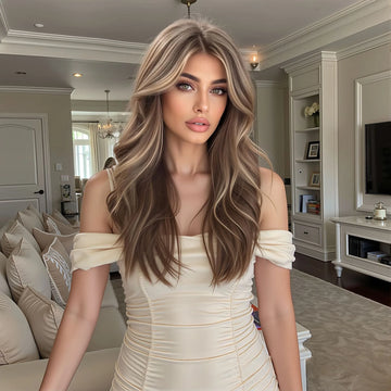 Women's Medium Long Human Hair Wig with Natural Brown Ombre Highlight Wavy Middle Part Front synthetic wig