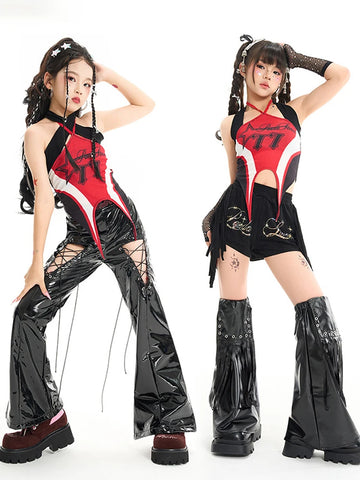 Kpop Girls Clothing Jazz Dance Performance Outfit Red Crop Tops Black Pants Summer Hip Hop Dance Clothes Concert Wear BL19445
