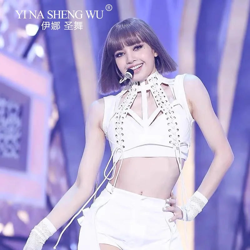 Kpop Korean Women Singer Hip Hop Jazz Dance Outfits Sexy Hollow Out Halter Vest Crop Tops Loose Straight Jeans Y2K Stage Costume