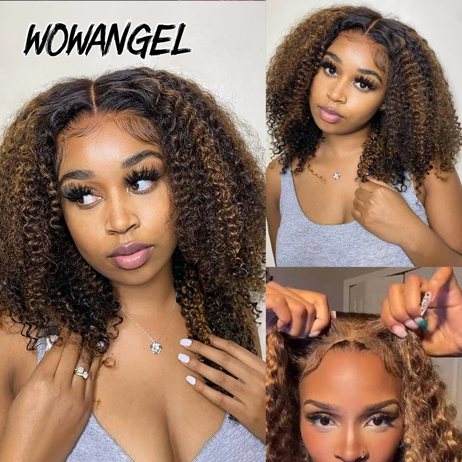 WOWANGEL 250% Kinky Curly Glueless Wigs 1B/27 Highlight Colored Wigs 5X5 HD Lace Closure Human Hair Wigs Pre Plucked For Women