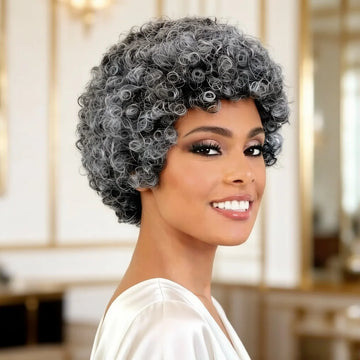 Grey Human Hair Wig for Women Short Curly Bangs Wig Mom/Grandmother Daily Use 6 Inch Bouncy Curly Wigs Full Machine Made Wigs