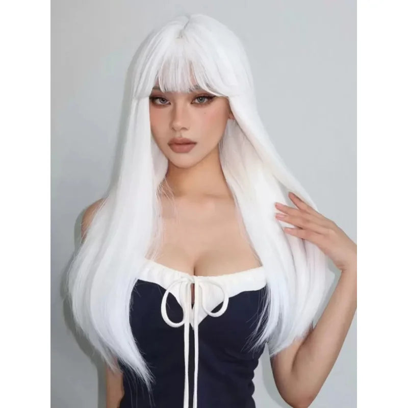 26 Inch Women'S Long Straight White Synthetic Wig With Bangs, Suitable For Party, Cosplay, Heat Resistant
