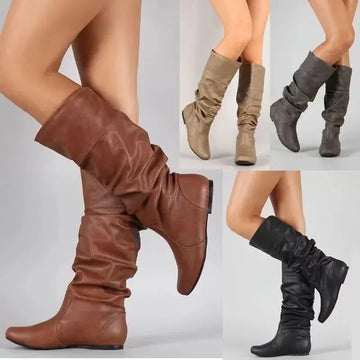 2024 Mid-Calf Boots Women Flat Shoes Spring Autumn Women High Boots Long Western Cowboy Boots Women Footwear Large size 35-43