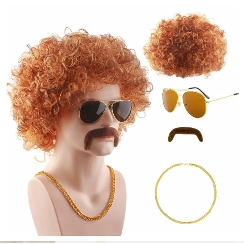 Men's Short Curly Black Wig, 80s Disco Punk Hippie Afro for Halloween Cosplay, Rock Music Fan Synthetic Heat Resistant Full Wig