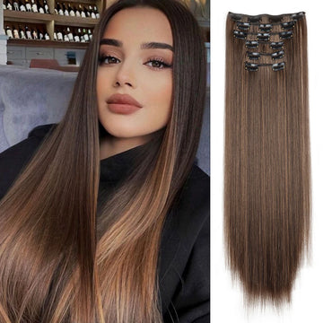 Black Hair Extensions 24"/60cm 6pcs/set Women Long Straight Synthetic Full Head Clip 16 Clips Ombre Heat Resistant Fiber Hair