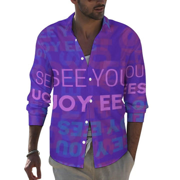 Backwards Letter Shirt Autumn Word See You Print Casual Shirts Man Fashion Blouses Long Sleeve Pattern Street Top Plus Size