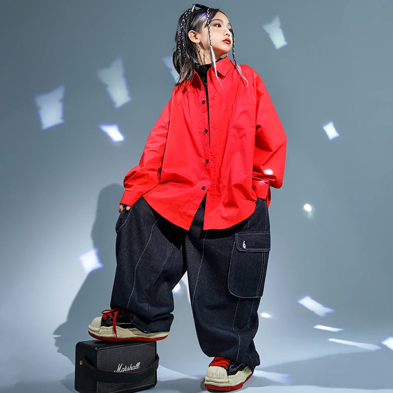 Kids Hip Hop Clothing Red Jacket Coat Casual Street Strap Cargo Pants for Girl Boy Jazz Dance Costume Teenage Kpop Clothes
