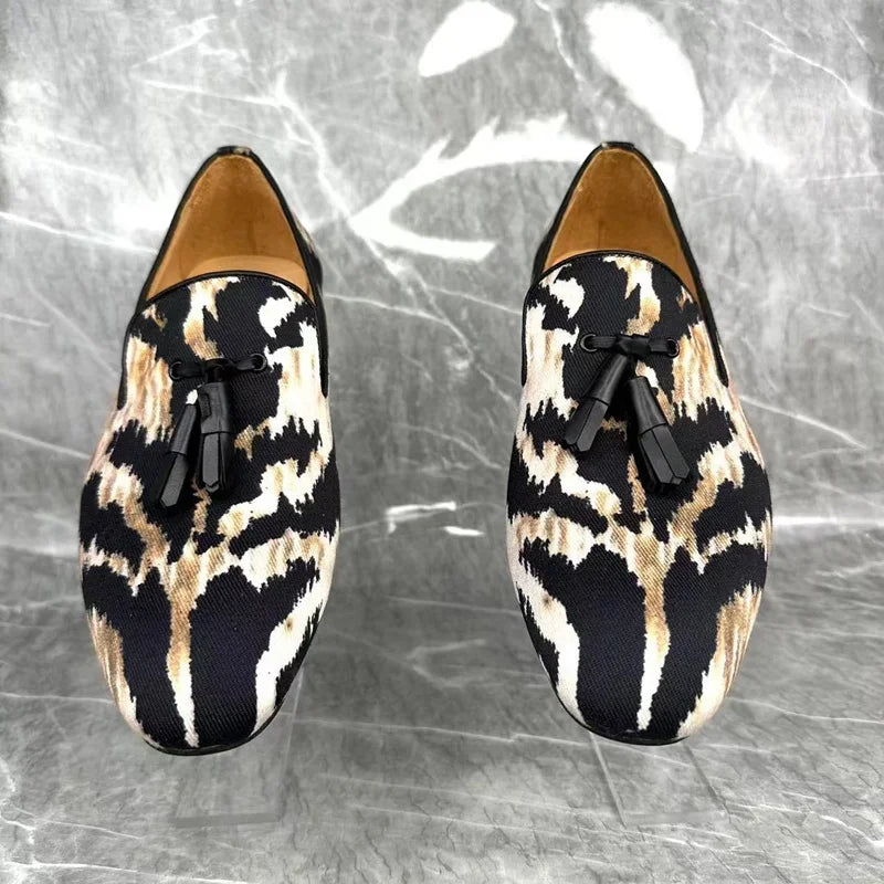Men's Canvas Leopard Print Tassel Loafers