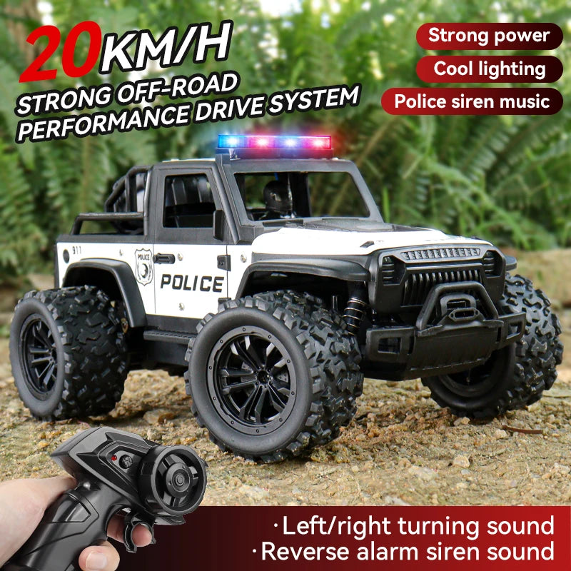 ZWN 1:16 Alloy High Speed Off-Road Police Truck RC Car with Music Sound and LED Lights Outdoor Toy 2.4G Remote Control Cars