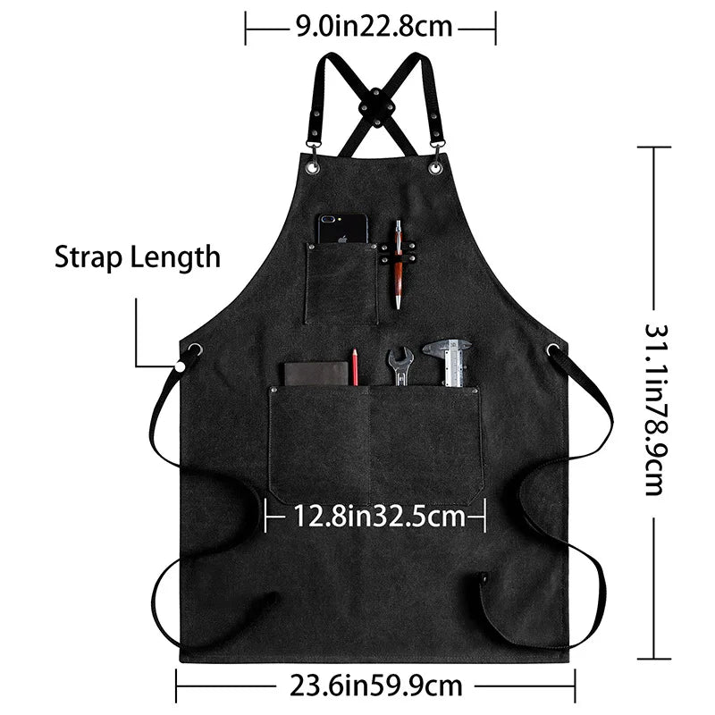 Multi-Pocket Work Apron for Handymen Heavy Duty Black Utility Apron with Adjustable Straps for Carpenter Mechanic Gardening