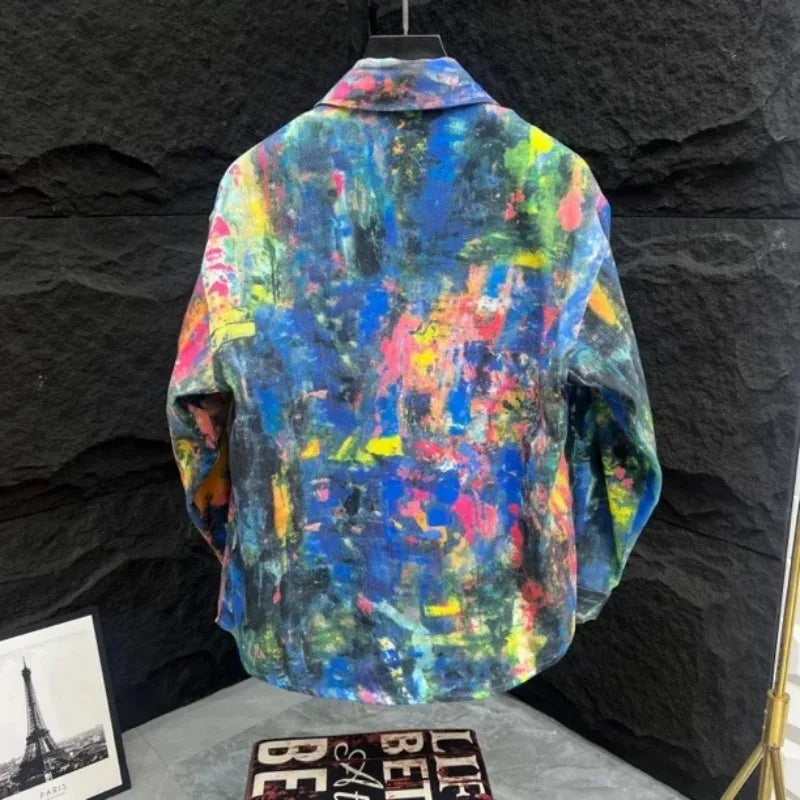 Chic Spring Autumn Unisex Graffiti Painted Tie Dyed Shirt Coat Rainbow Paint Splash Blouse Jacket Cardigan Single Breasted Tops