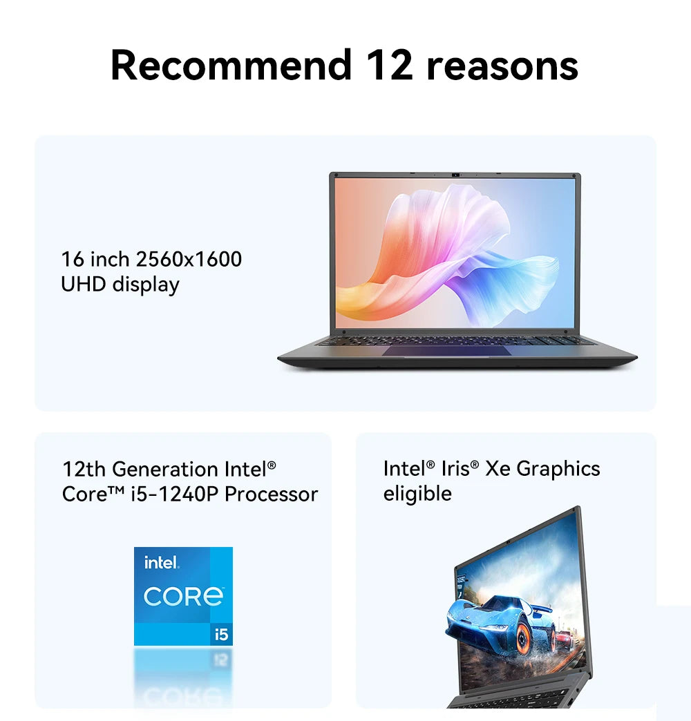 Adreamer 16" Laptop — Intel Core i5-1240P, 2.5K IPS, 16GB RAM, 1TB SSD, Windows 11