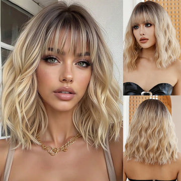 Ombre Blonde Wig With Bangs Shoulder Length Curly Synthetic Wig for Women Natural Looking Heat Resistant Fiber For Daily Wear