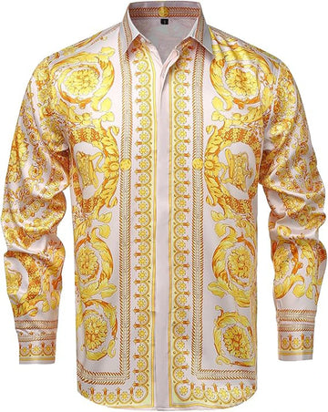 Men's Retro Palace Noble Gold Chain 3D Printed Shirt Hawaiian Casual Vacation Long-sleeved Lapel Performance Clothing for Men