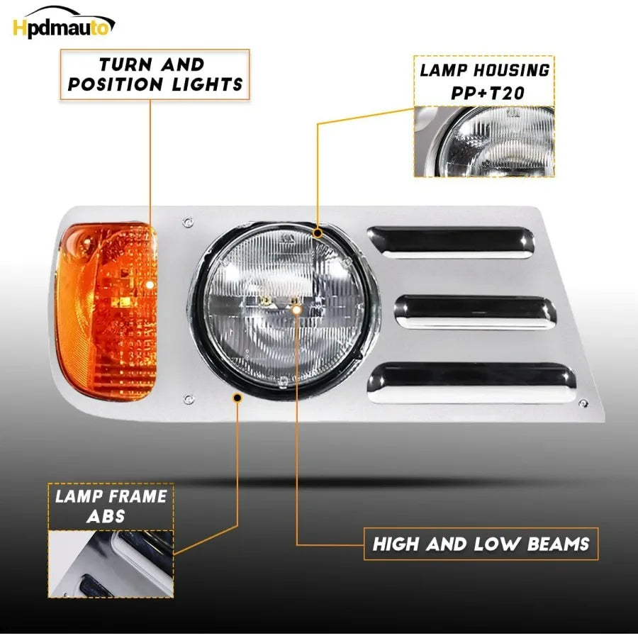 Headlights Assembly for Mack CV Replacement Left Driver and Right Passenger Side Headlamp Chrome