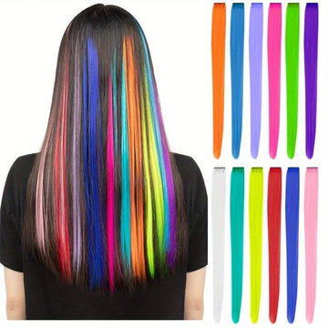 12pcs/pack Rainbow Colored 22 Inch Clip-in Hair Extensions Long Straight Synthetic Hairpieces for Women Girls Party Highlights