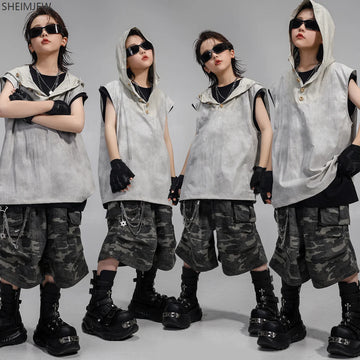 Children's Korean Hip-hop Costume Gray Hooded Kpop Vest Camouflage Workwear Shorts Cosplay Jazz Dance Competition Sleeveless Set