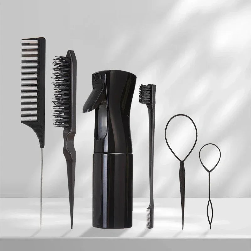 6 Piece Hair Styling Set with Hairpins Teasing Brush Tail Comb Continuous Spray Bottle Kit for Professional Home Salon Tool Use
