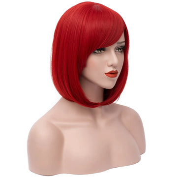 Red Wigs for Women Short Red Bob with Bangs Natural Cute Synthetic Straight Wigs for Daily Party Halloween