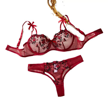 Erotic Lingerie Female Bra And Brief Women Floral Embroidory Underwear Set Sexy Lace Transparent Sensual Push Up Lingerie Sets