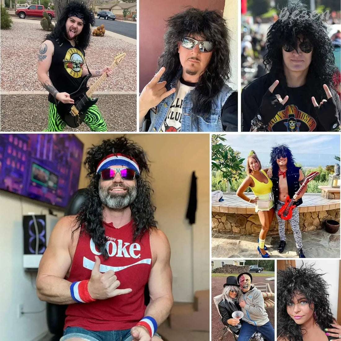 80s Wigs for Men Brown White Long Wavy Mullet Wigs for Women Heavy Metal Rocker Wig Halloween Costume Party Synthetic Wig