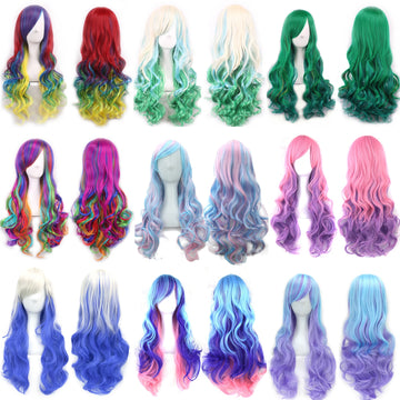 Synthetic Hair Ombre Rainbow Cosplay Wig with Bangs Red Yellow Purple Green Blue Wigs Lolita Wig for Women