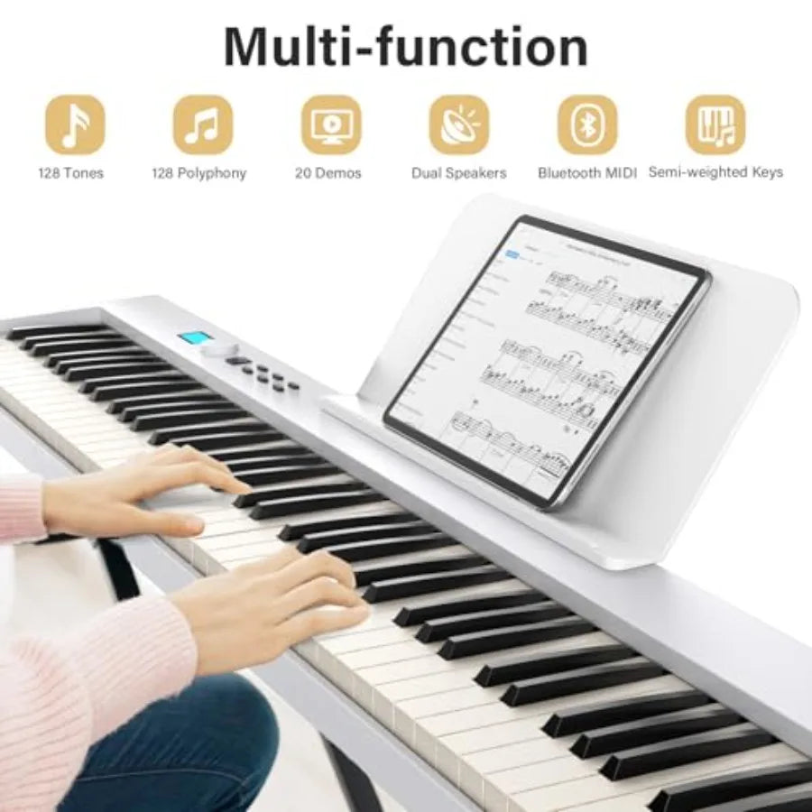 88 Key Portable Folding Piano BSP-10F with Semi-Weighted Keys White 128 Tones USB MIDI Sustain Pedal Music Stand for Beginners