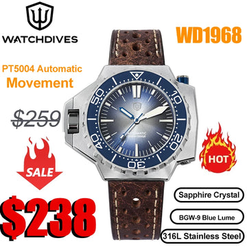 Watchdives WD1968 PT5004/PT5000 Automatic Diver Watch 316L Stainless Steel Sapphire Luminous Ceramic Bezel Vintage watches