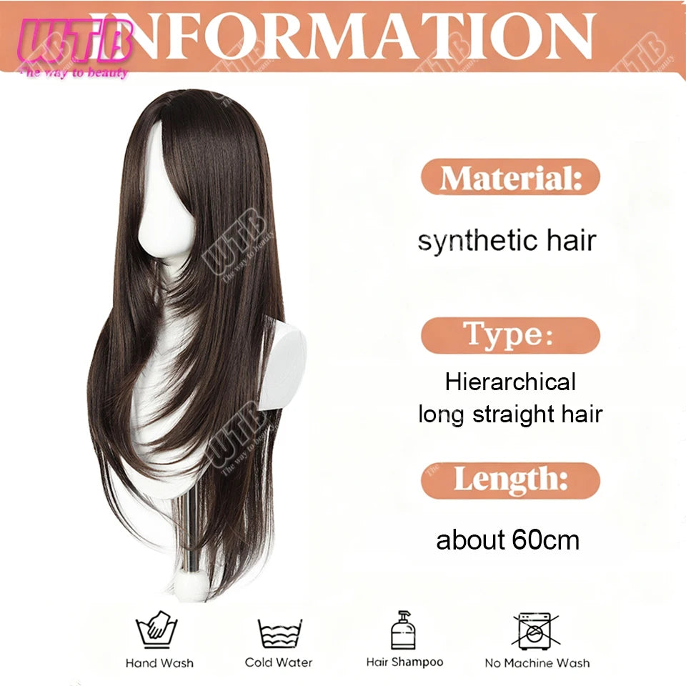 Brown Black Wig Female Simulation Hair High Level Long Hair Natural bangs Fiber Synthetic Wigs for women