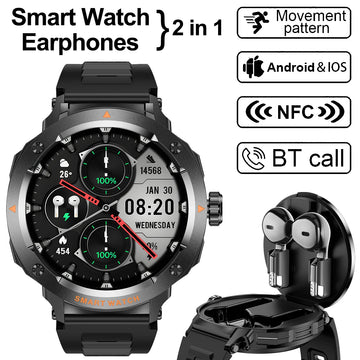 NFC Smart Watch Wireless Earphone 2 in1 Bluetooth Call Men Smart Watches Heart Rate Monitor Music Playing Headphones Smartwatch