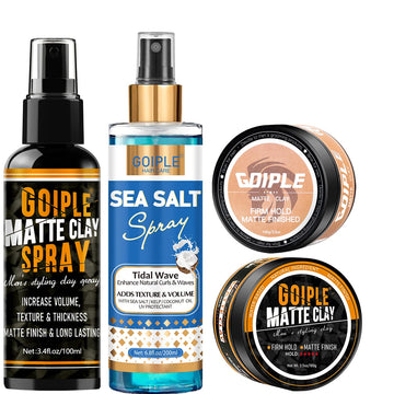 Goiple 4PCS Men's Hair Styling Kit Matte Clay and Sea Salt Spray Bundle Strong Hold Texturizing Spray for Natural Matte Look