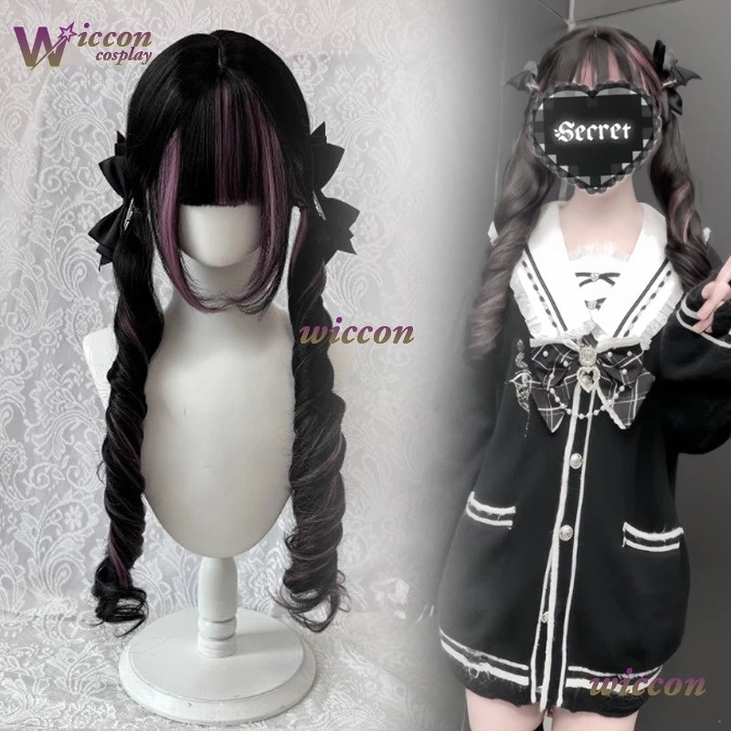 Comic ‌Black Wig with Pink Cosplay Wigs with Bangs Lolita Long Curly Hair Wig Woman Party Cosplay Wig Natural Heat Resistant