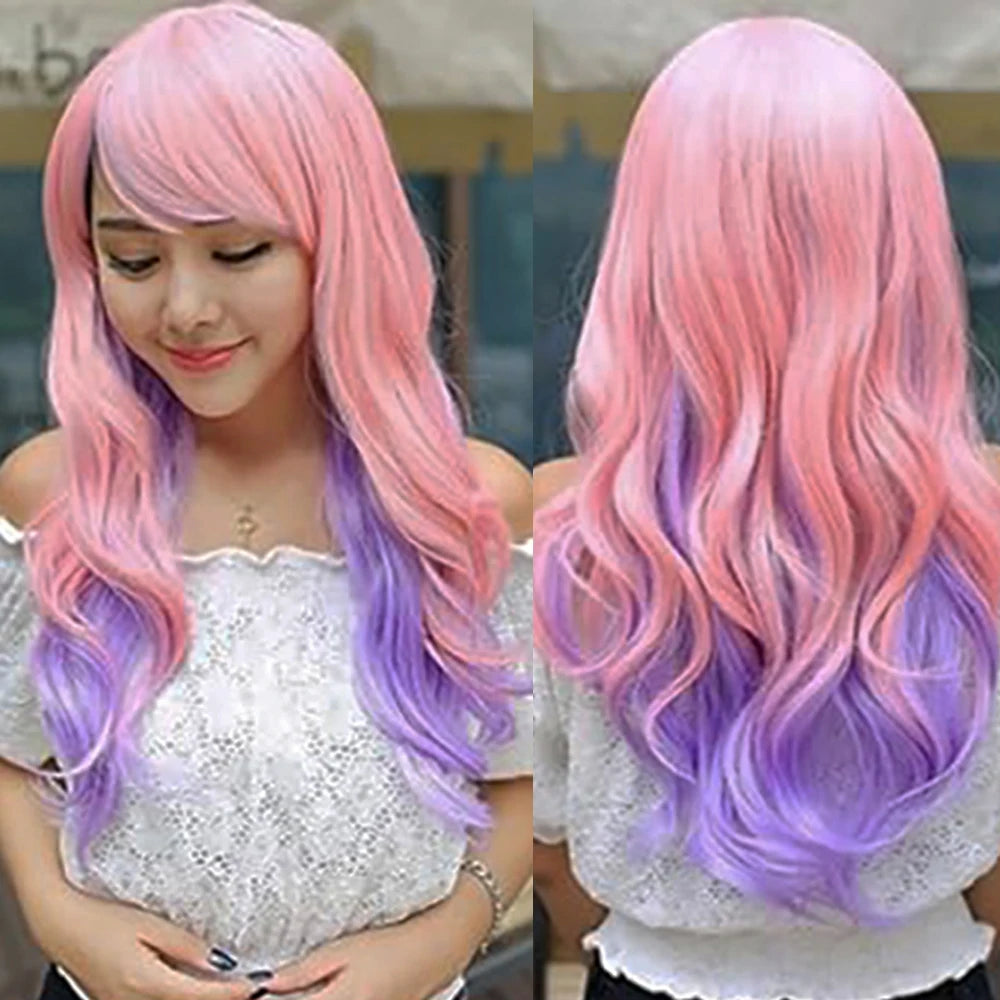 Synthetic Hair Ombre Rainbow Cosplay Wig with Bangs Red Yellow Purple Green Blue Wigs Lolita Wig for Women