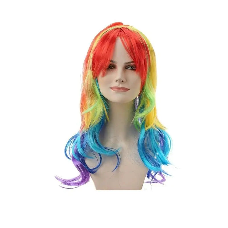 Women 60s 70s Rock Style Rainbow Ombre Explosion Head Wig Halloween Carnival Pink Purple Wave Curly Synthetic Hair with Bangs