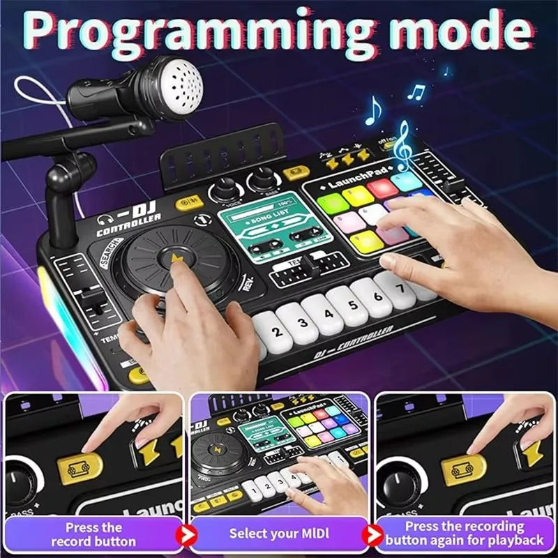 Kid DJ Mixer with Microphone Electronic Piano Keyboard Bluetooth DJ Turntable Controller Musical Instrument Kid Birthday Gift