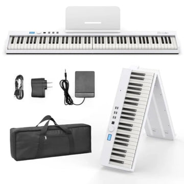 88 Key Portable Folding Piano BSP-10F with Semi-Weighted Keys White 128 Tones USB MIDI Sustain Pedal Music Stand for Beginners