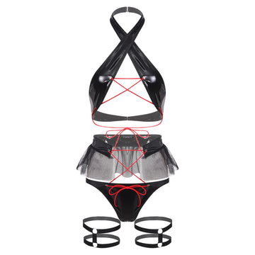 Womens Wet Look Sexy Lingerie Set Halter Backless Wireless Bra Top Mini Briefs with Ruffled Tulle Trim Miniskirt And Thigh Bands