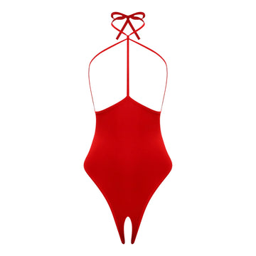 Womens Lingerie Alluring Open Chest Bodysuit Underwear Lace-up Halter Open Cup Cutout Crotch Slim-fit Leotard Jumpsuit Nightwear