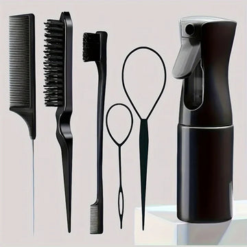 6 Piece Hair Styling Set with Hairpins Teasing Brush Tail Comb Continuous Spray Bottle Kit for Professional Home Salon Tool Use